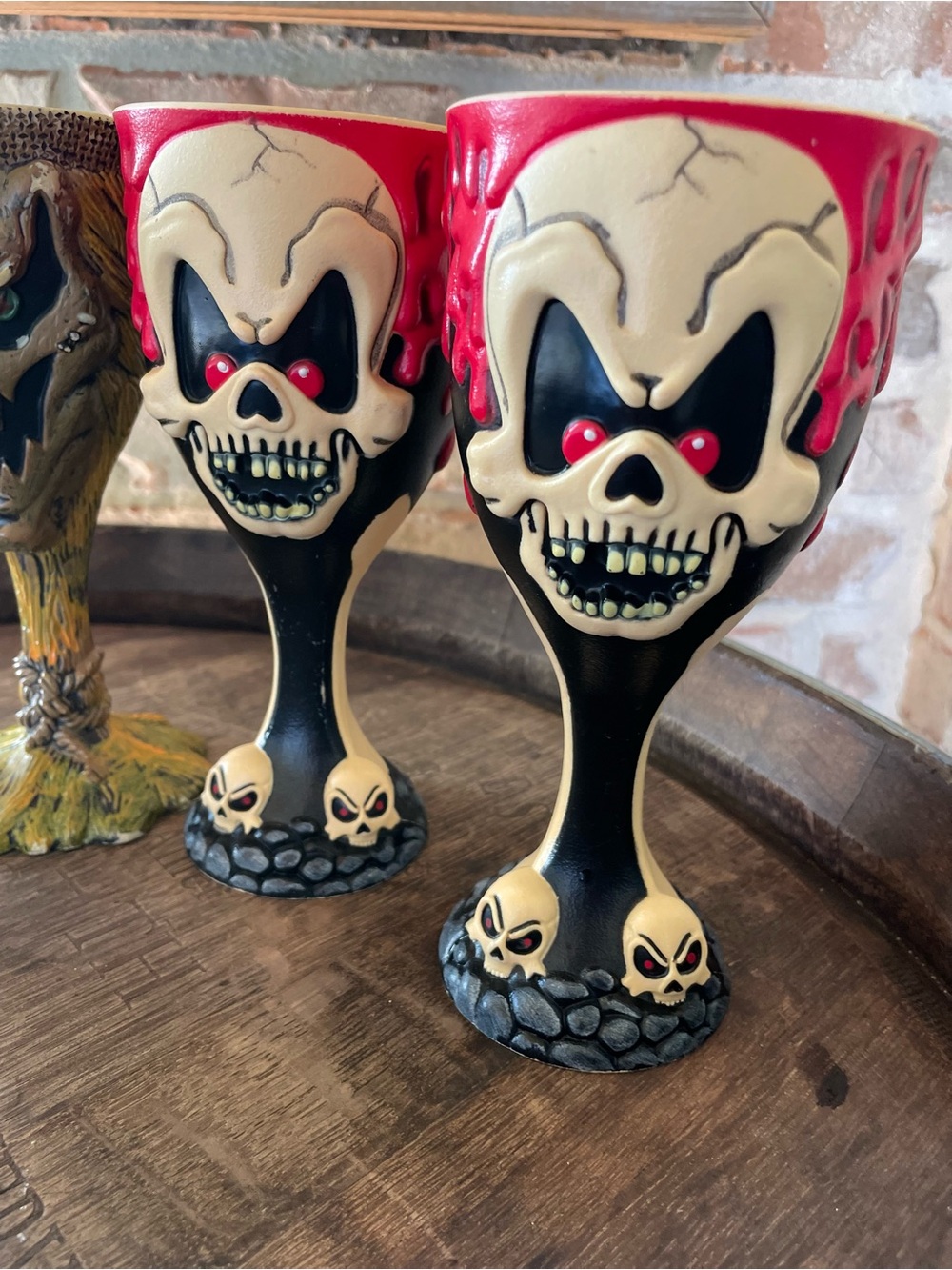 Vintage Halloween 6 Goblet Set Clown Skull Mummy Frankenstein Scarecrow Pirate - Picture 4 of 13